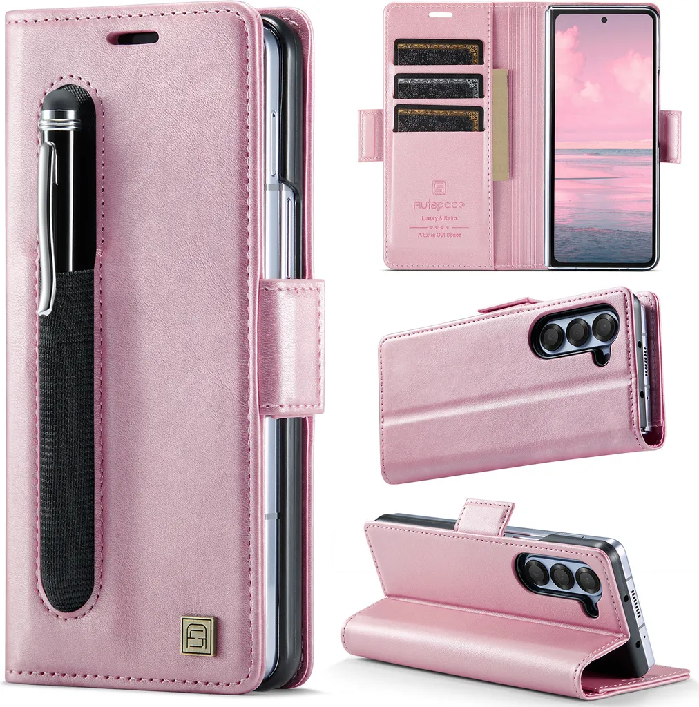 Custodia in pelle per Samsung Galaxy Z Fold 6, protezione RFID, chiusura magnetica, slot per carte e supporto Rosa
