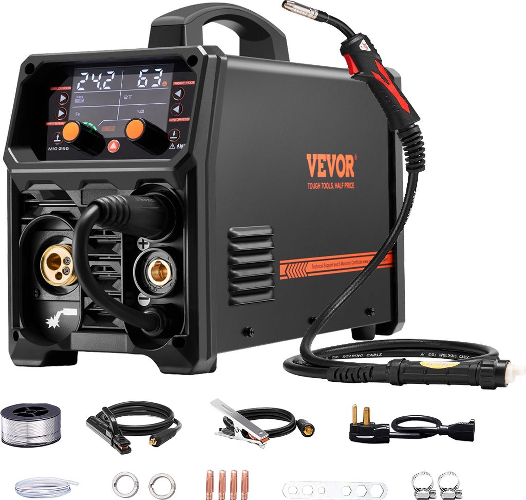 A VEVOR MIG welding machine and its accessories are displayed on a white background.