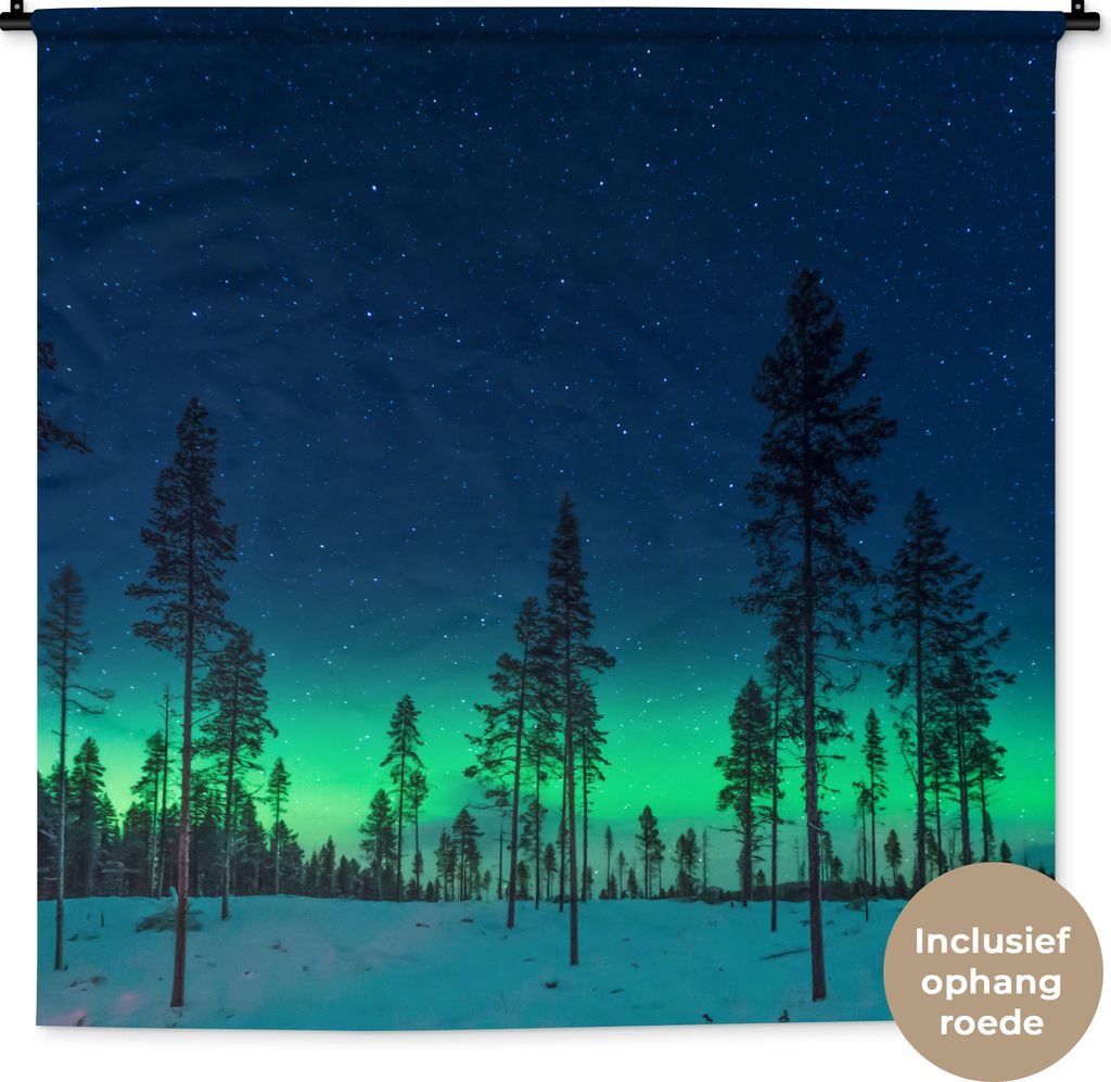 MuchoWow Wandteppich Wandbehang Nordlicht - Schnee - Bäume - Natur - Grün 150x150 cm Tapisserie Dekoration Wandtuch - Wohnaccessoires - Modernes