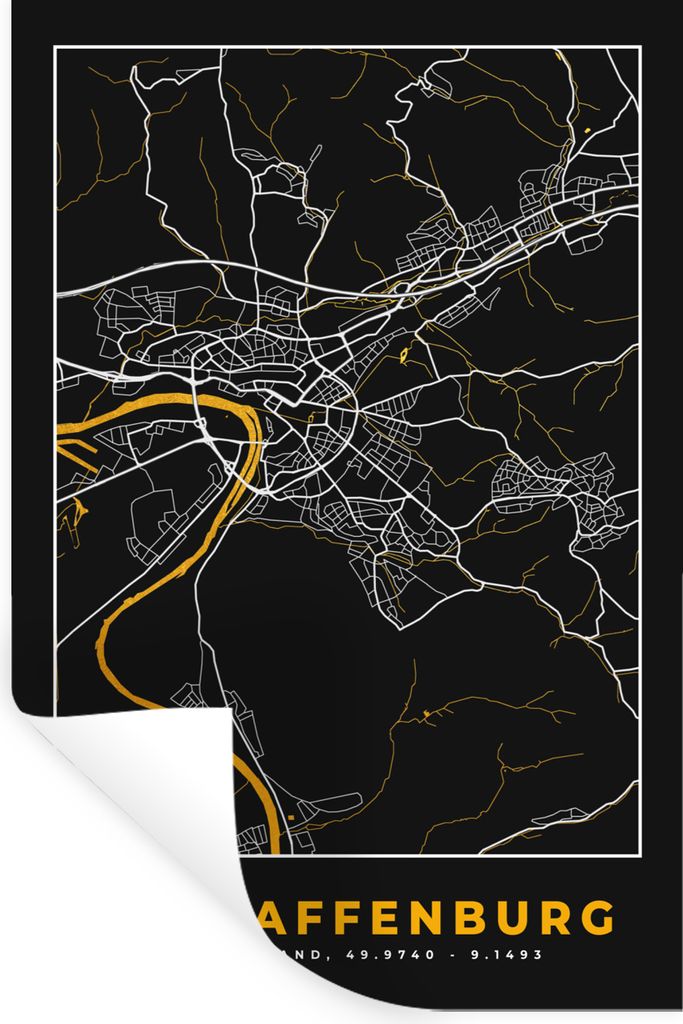 MuchoWow Wandtattoo Wandsticker Wandaufkleber Gold - Deutschland - Karte - Stadtplan - Aschaffenburg 60x90 cm Selbstklebend und Repositionierbar ...