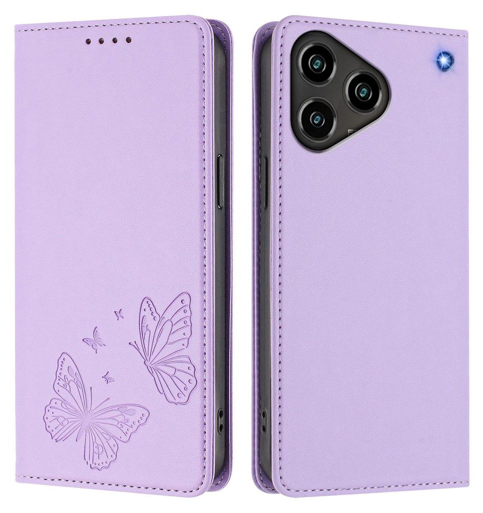 Lederhülle für ZTE Blade A76 4G, Schmetterling Prägung Leder Brieftasche Schutzhülle mit Ständer Violett