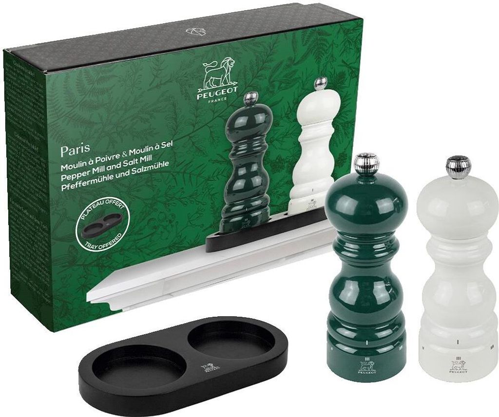 PEUGEOT Geschenkset PARIS 15cm Pfeffermühle Waldgrün Salzmühle Weiß Menage