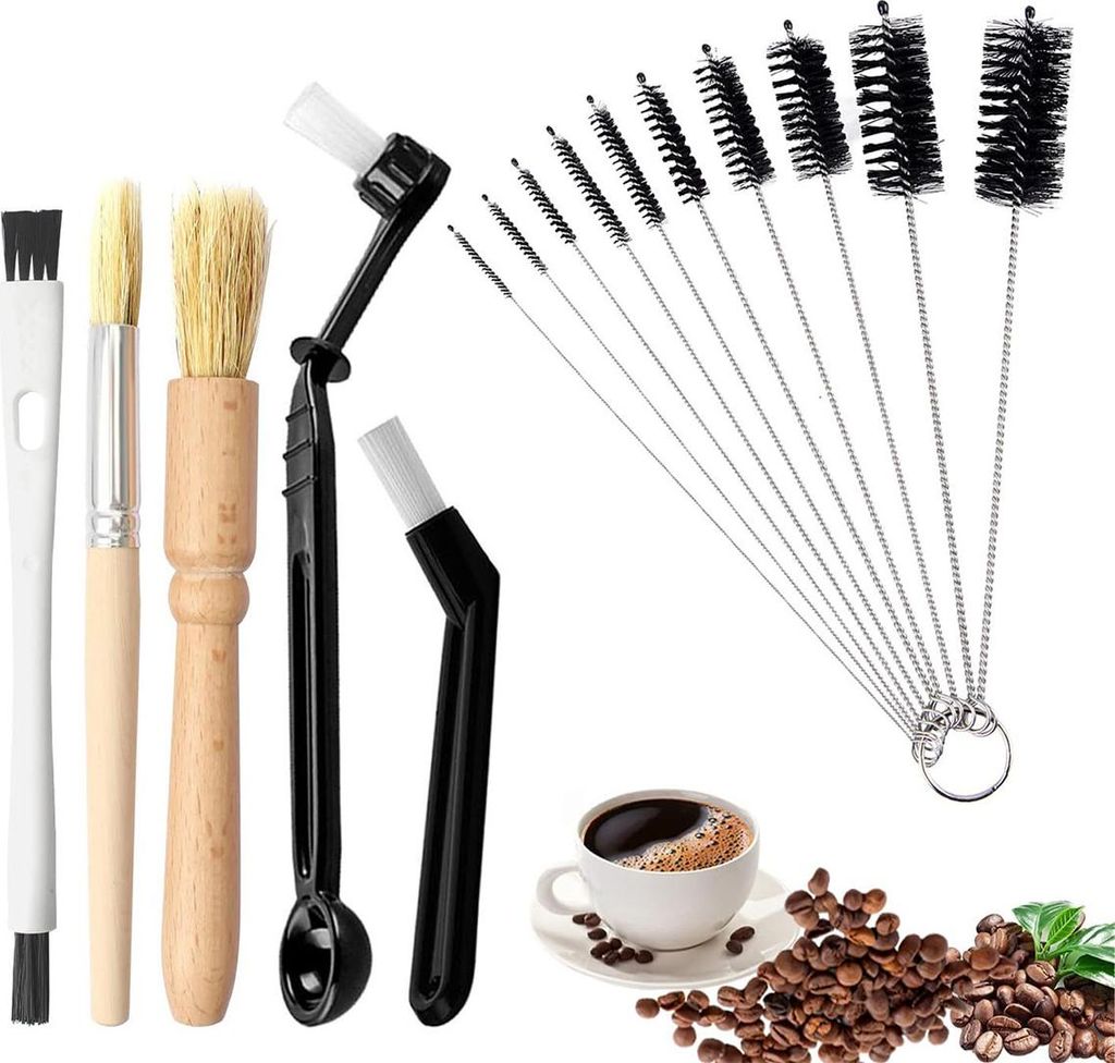 Kaffee Maschine Reinigungsbürsten Set, 15-teilig, Profi Barista Bürsten, Holzgriff & Kunststoff, für Kaffeeautomaten, Tassen, Rohre & Zubehör