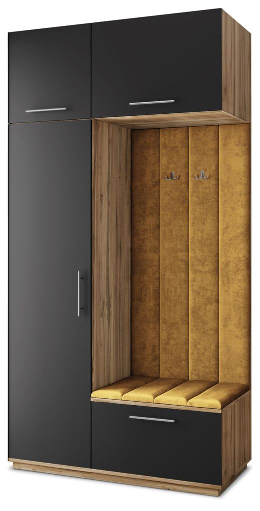 Masseno Garderobe-Set REMA 120/240/60 cm Modern Garderobenschrank Eiche Wotan, Veloursstoff MONOLITH 48 (Gelb)