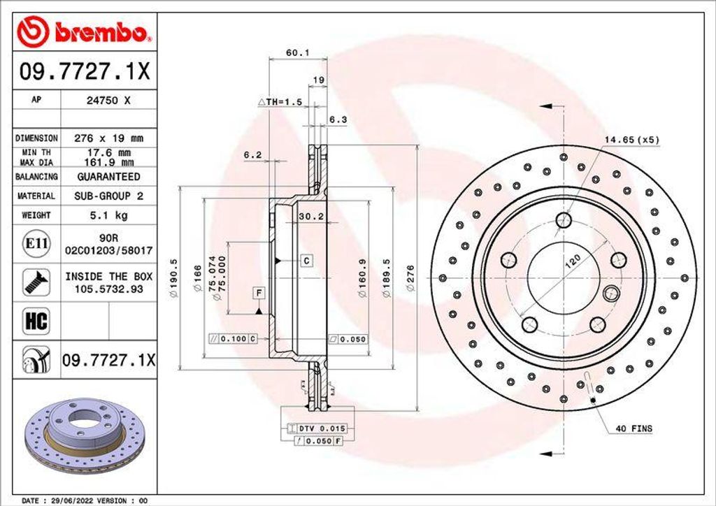 BREMBO 09.7727.1X Bremsscheibe OE 34211162315 kompatibel mit 3er E46, 3er E36