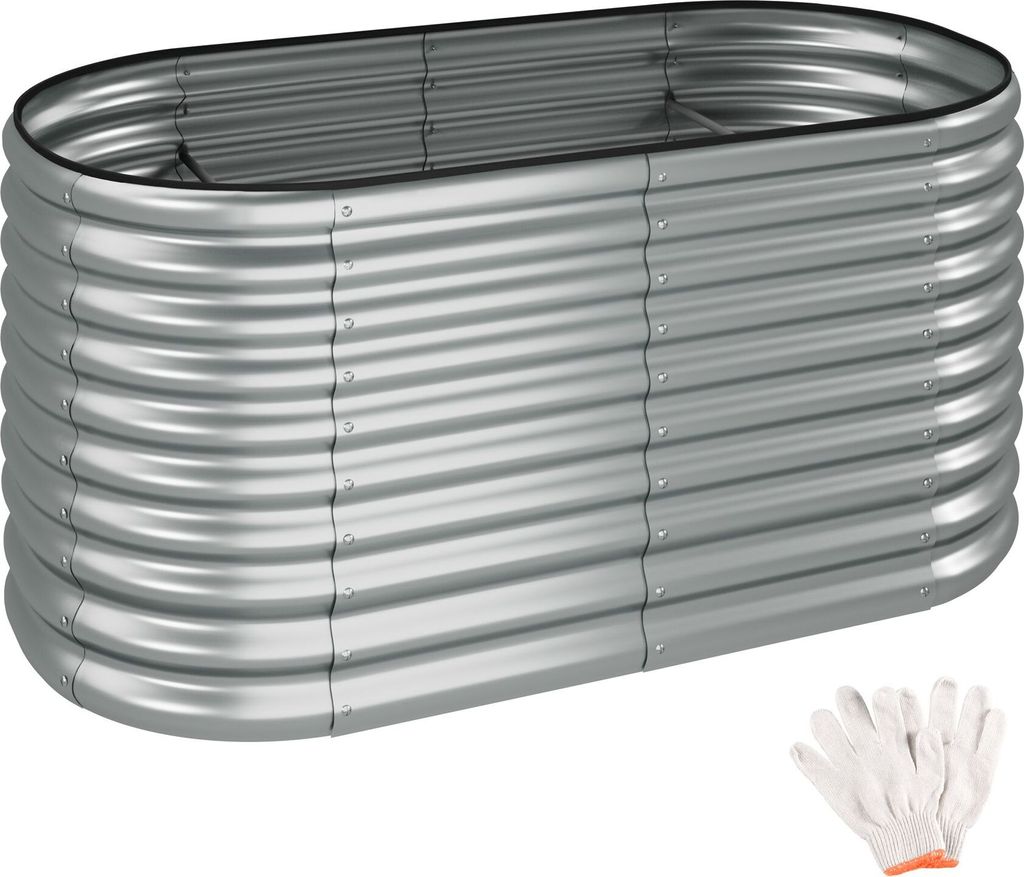 A silver, oval-shaped raised garden bed made of corrugated metal, shown from a slightly elevated side angle. A pair of white work gloves is placed in the bottom right corner.