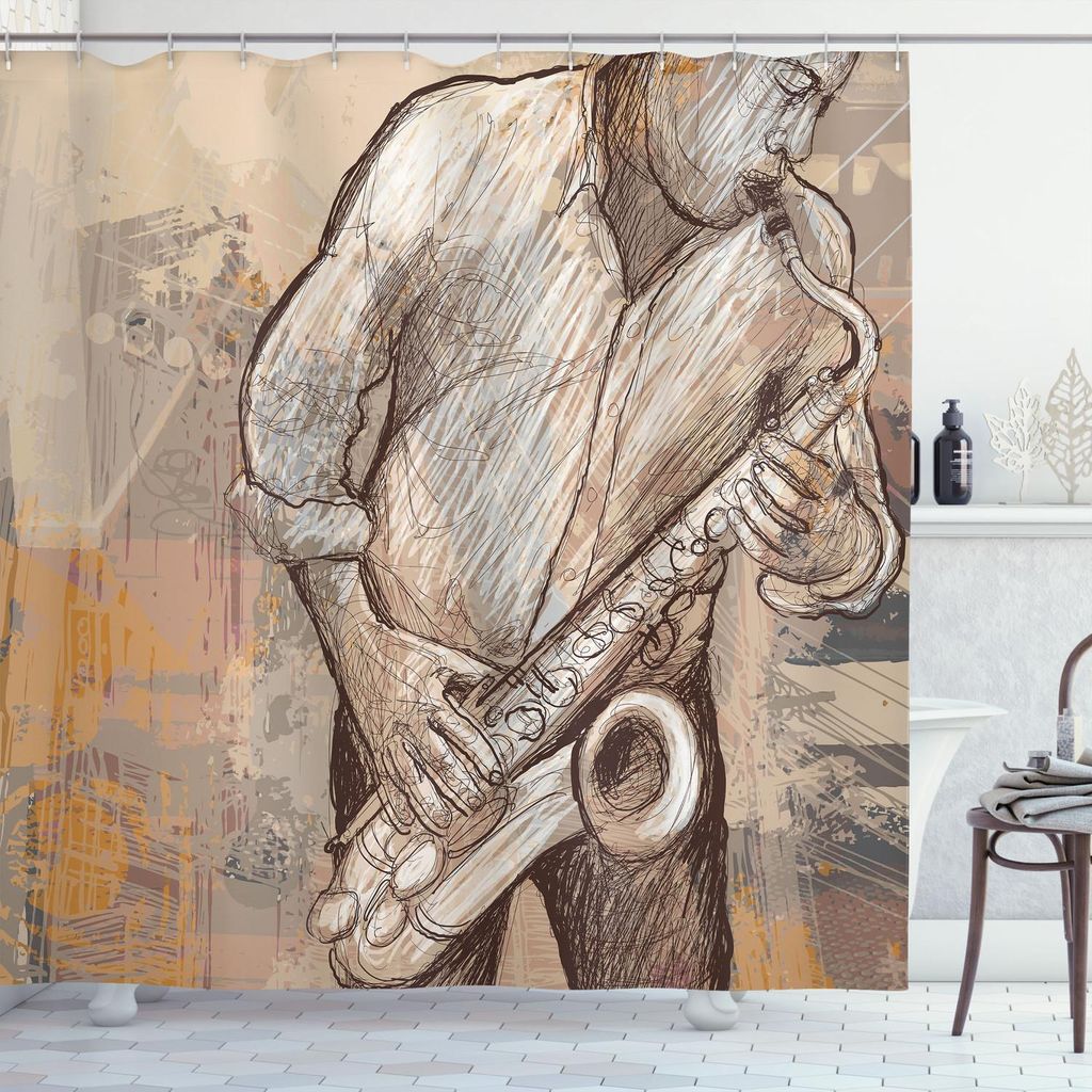 ABAKUHAUS Musik Duschvorhang, Jazz Musiker, Der Das Saxophon Solo In Der Straße Grunge Hintergrund Kunstdruck, 175 x 180 cm, Brown Ecru