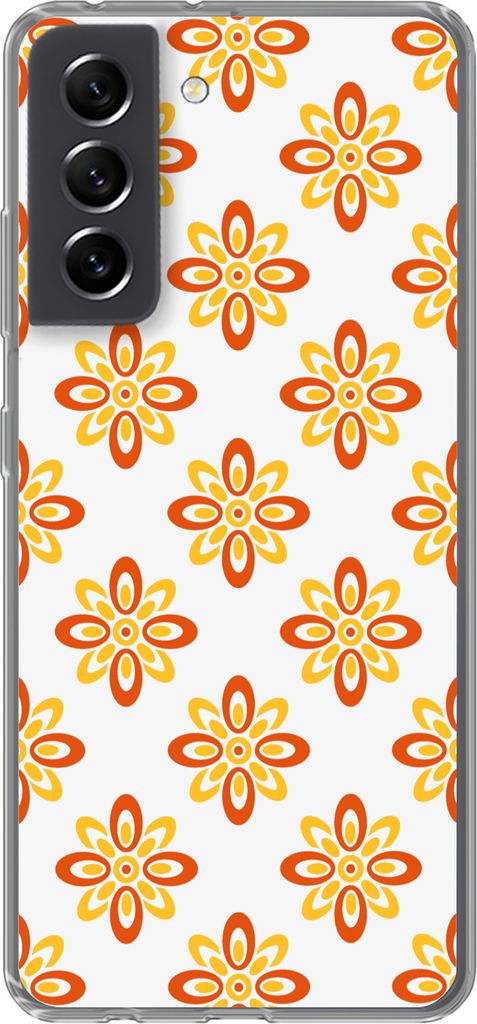 MuchoWow Handyhülle Schutzhülle Hülle für Telefoonhoesje Samsung Galaxy S21 FE Muster - 70er Jahre - Blumen - Orange Silikon Softcase Handy H...