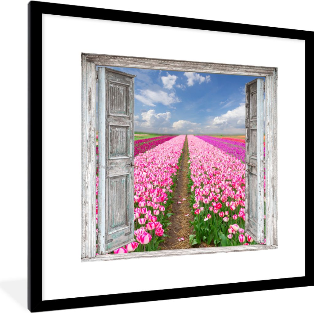 MuchoWow Gerahmtes Poster Blumen - Tulpen - Ansicht - Regenbogen 40x40 cm - Poster mit Schwarzem Bilderrahmen Wandposter Rahmen Foto Bilder - Pos...