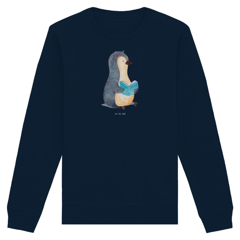 Mr. & Mrs. Panda Organic Sweatshirt Pinguin Buch Größe XL - French Navy - Geschenk, Urlaub, Pinguine, Bio Baumwoll Pullover, Ferien, Pause, Pulli...