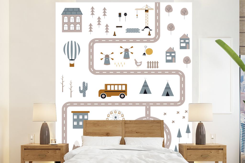MuchoWow Fototapete für Wohnzimmer oder Schlafzimmer Wandtapete Vinyl Motivtapete Kinder - Auto - Heißluftballon - 225x280 cm - Wohnzimmer tapete