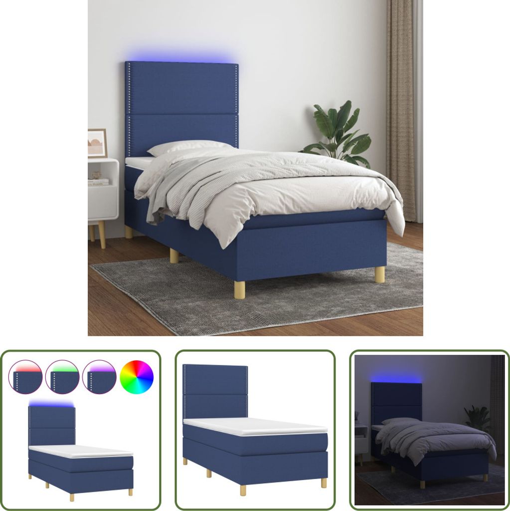 The Living Store Boxspringbett mit Matratze & LED Blau 90x200 cm Stoff