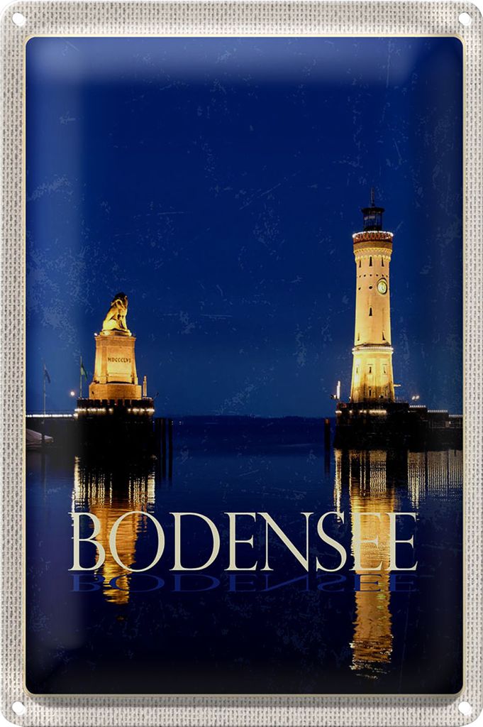 Blechschild Reise 40x30cm Bodensee Deutschland Leuchttutm Nacht