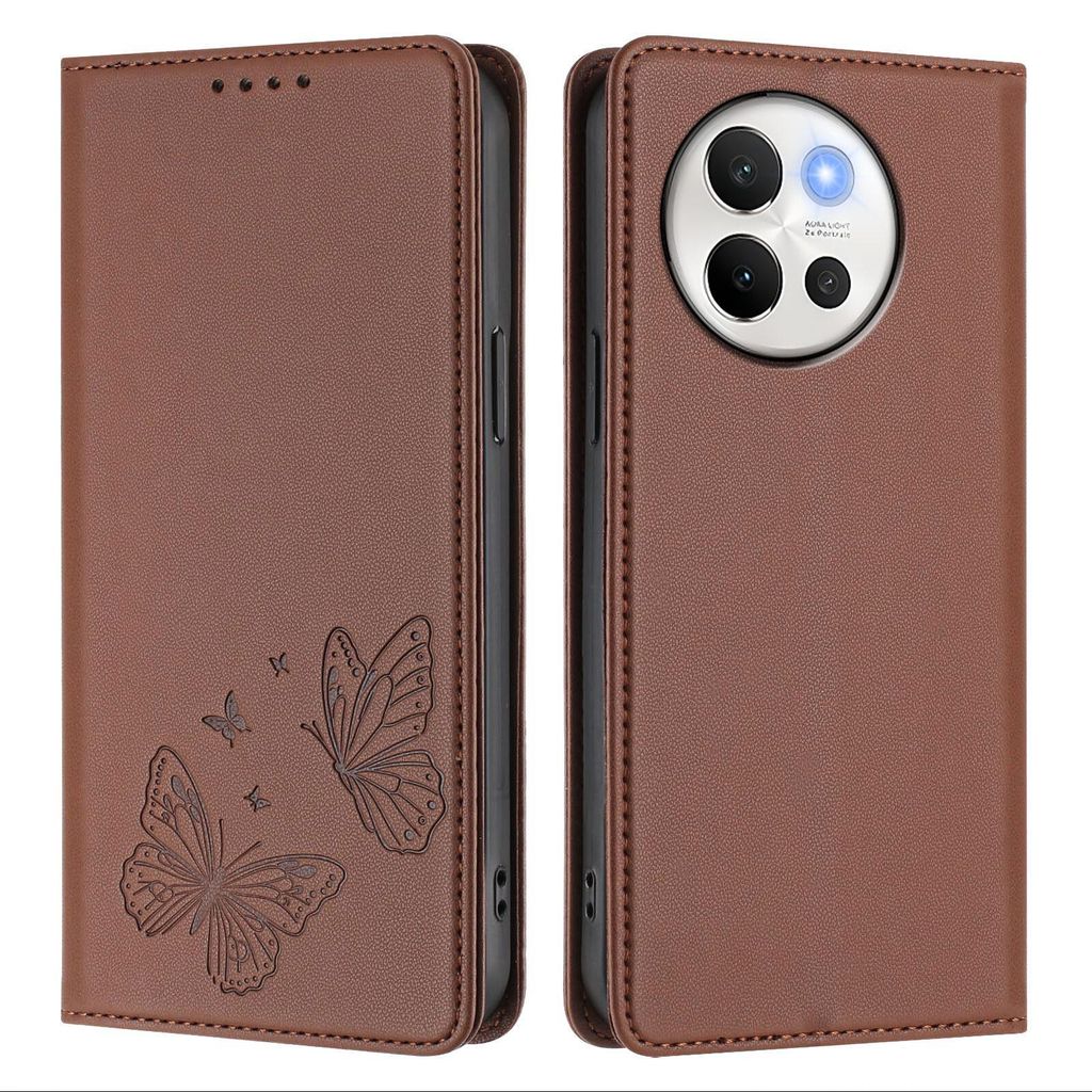 Lederhülle für Vivo V40 Lite 5G, Schmetterling Prägung Leder Brieftasche Schutzhülle mit Ständer Braun