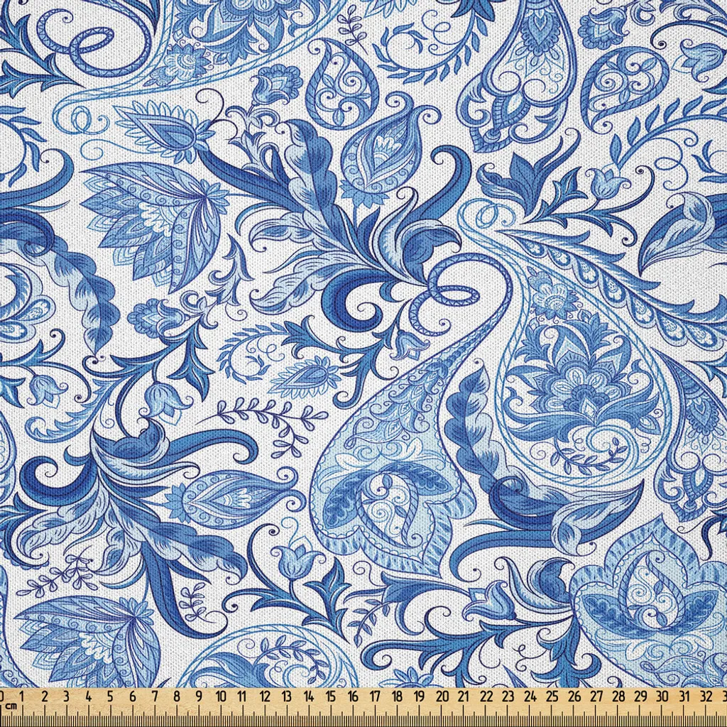 Tissu d'ameublement au mètre bleu à motif ethnique floral 230x1000 cm