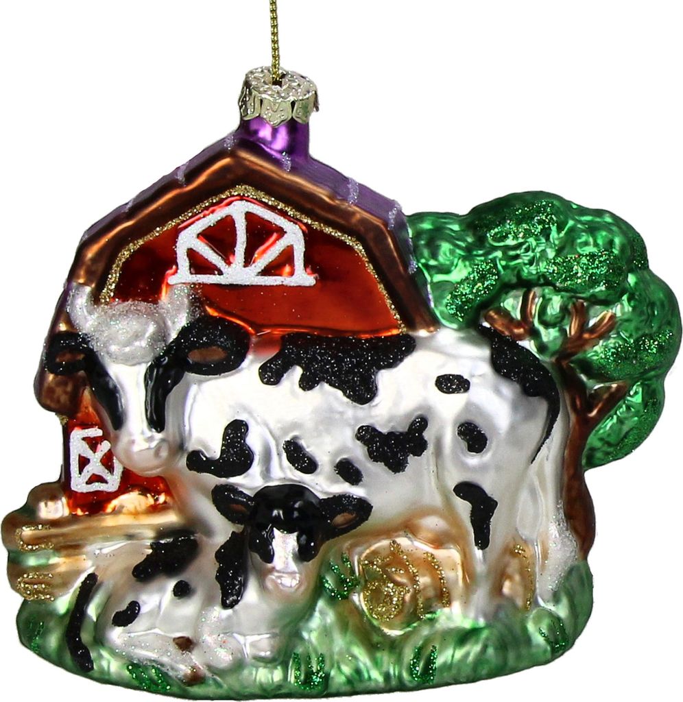 Christbaumschmuck Glas 12,5cm Kuhstall mit Kuh & Kalb Figur Weiß