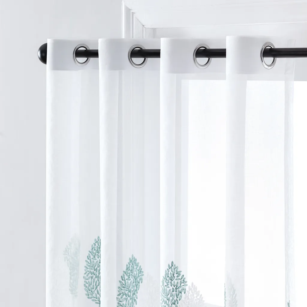 Tende Semitrasparenti Occhielli 140x245 Tulle Lino Foglie Blu Bianco