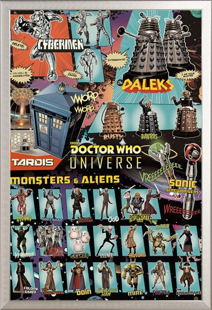 Doctor Who - Poster - Personaggi a fumetti + cornice rimovibile, Shinsuke® Maxi alluminio argento, vetro acrilico