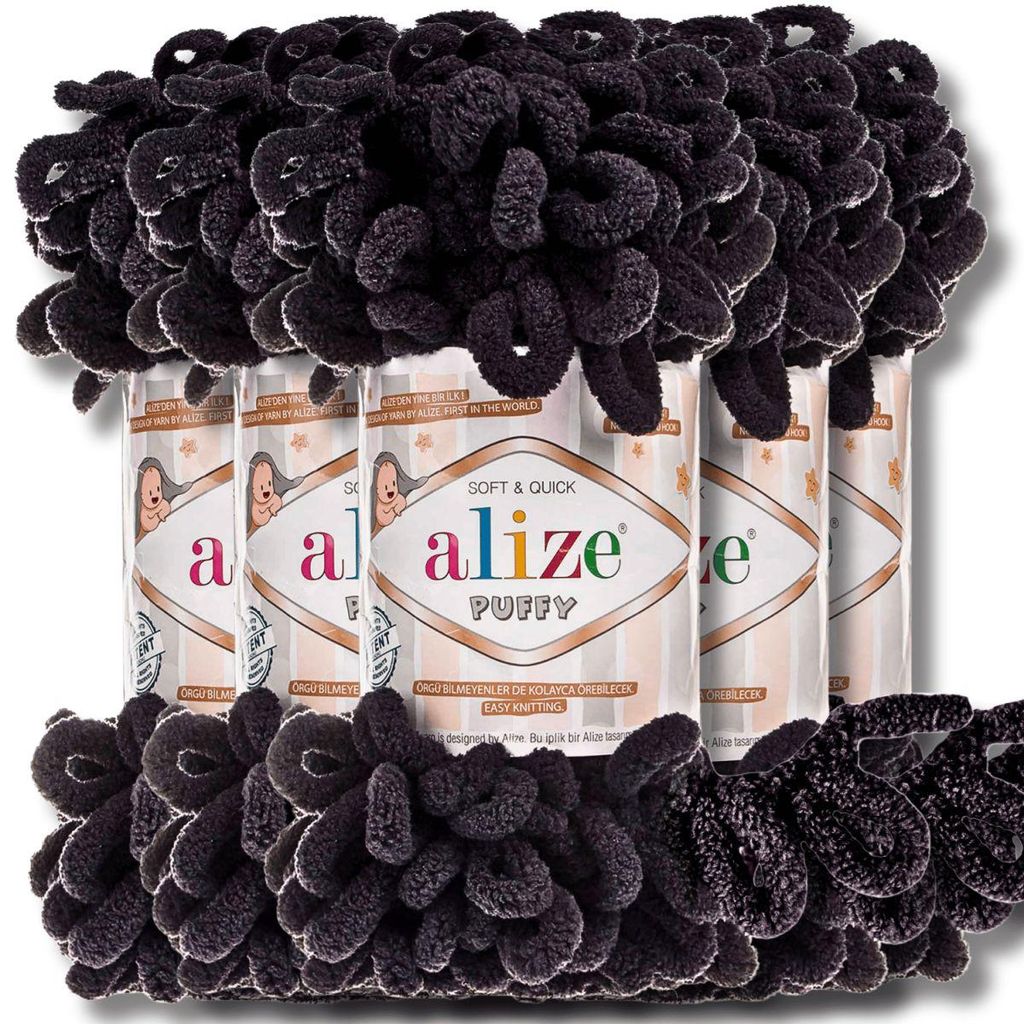 Alize 5x 100g Puffy Wolle, Uni, Häkeln, Stricken (Ebony - 1060)