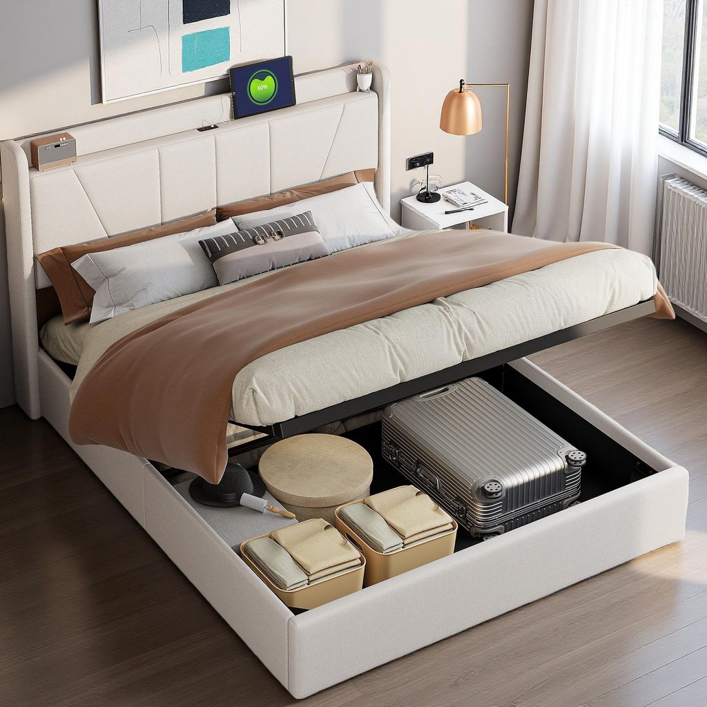 UnboxG 160x200 cm Stauraumbett aus Leinen – Beige, Kopfteil mit USB & Type-C, Gasdruck-Funktion, Polsterbett mit Aufbewahrung