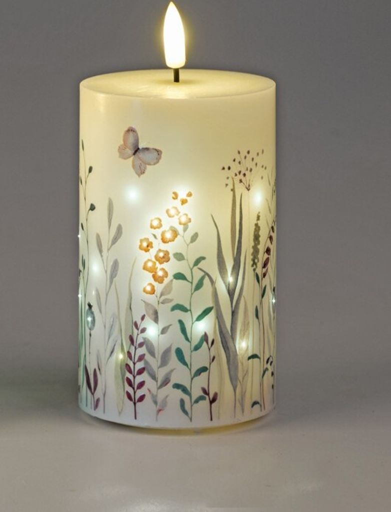 LED-Kerze mit Blumen und Schmetterling Dekoration, Stumpenkerze