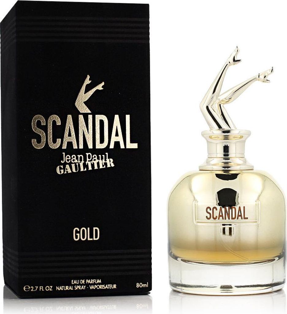 A perfume bottle and its packaging are displayed against a white background.