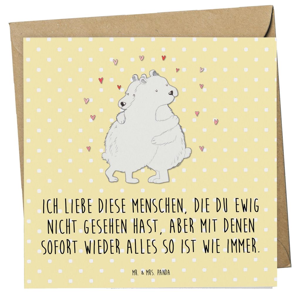 Mr. & Mrs. Panda Glückwunschkarte Eisbär Umarmen - Gelb Pastell - Geschenk, faltkarte, Grußkarte, doppelkarte, anlasskarte, Klappkarte, Gute Laune