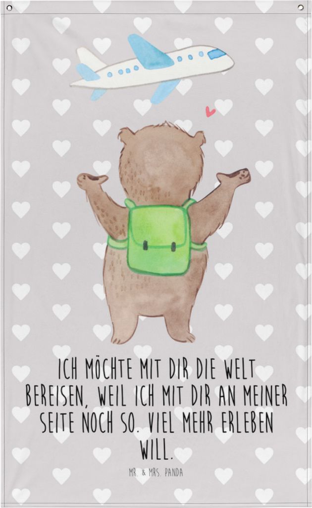 Mr. & Mrs. Panda Wandteppich Bär Flugzeug - Grau Pastell - Geschenk, Valentinstag, Wandschmuck, Mitbringsel, für Partner, Freundin, Frauen, Hochz...
