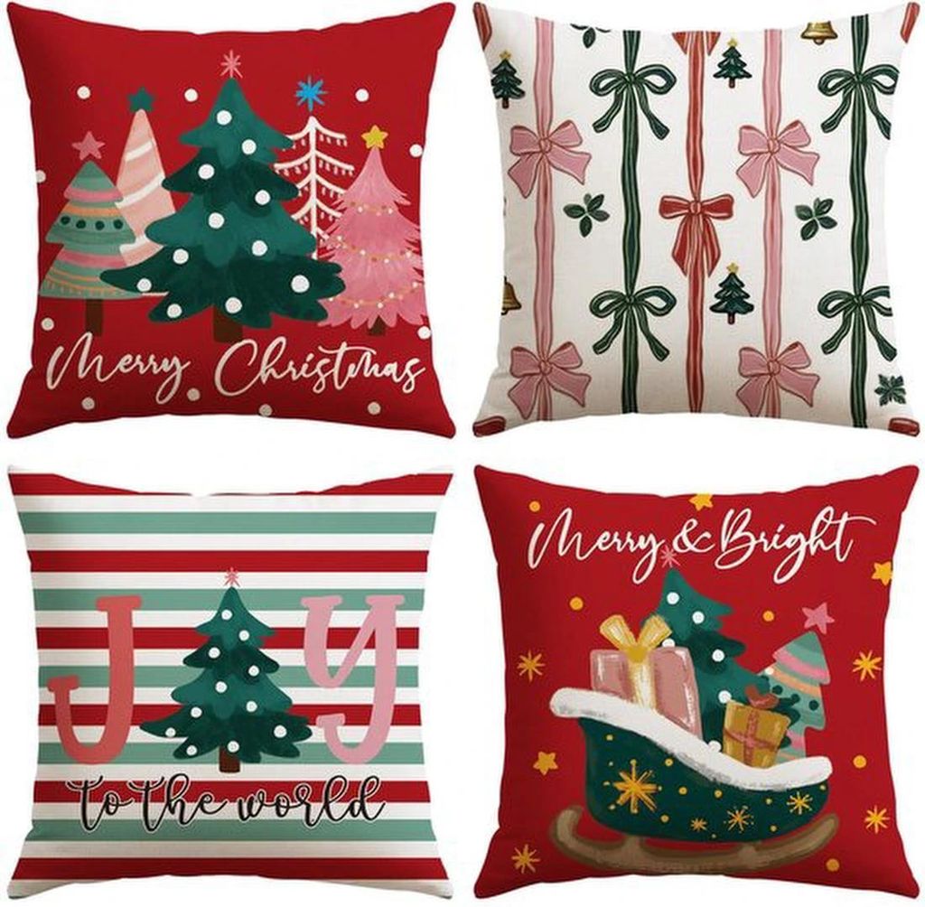 Unyqoos Set mit 4 dekorativen Weihnachtskissenhüllen in Rot mit winterlichen Designs, 45 x 45 cm