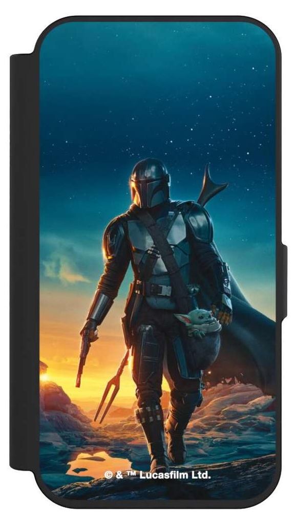 NIVOCASE Klapphülle für Apple iPhone 15 Pro Handyhülle aus Kunst Leder NIVOflip schwarz Sonnenuntergang Star Wars The Mandalorian
