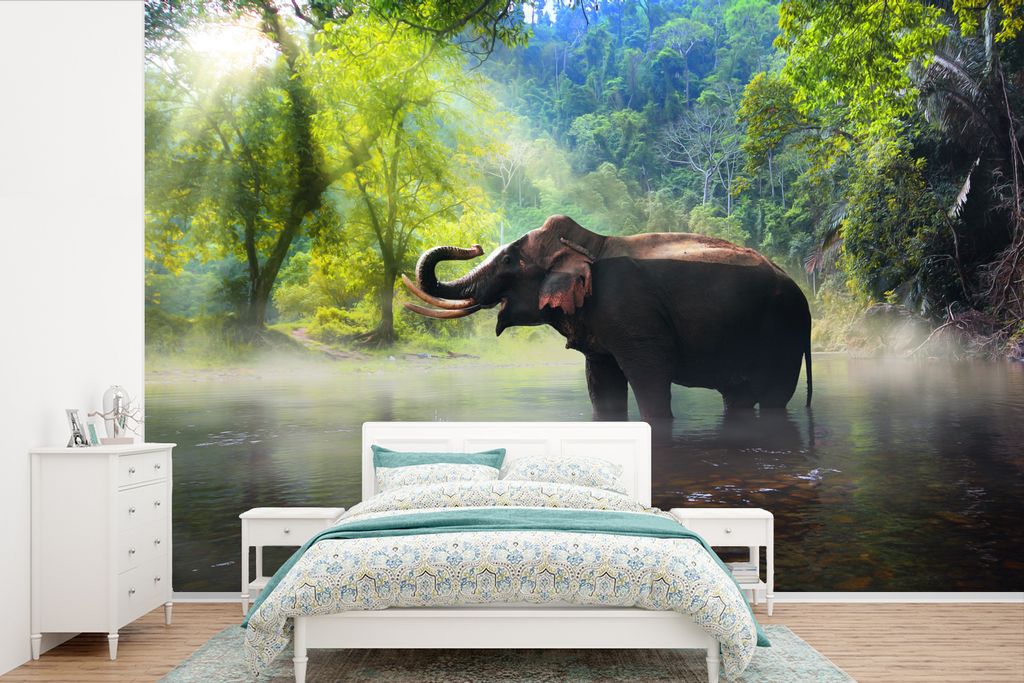 MuchoWow Fototapete für Wohnzimmer oder Schlafzimmer Wandtapete Vinyl Motivtapete Elefant - Wasser - Natur - 600x400 cm - Vinyltapeten
