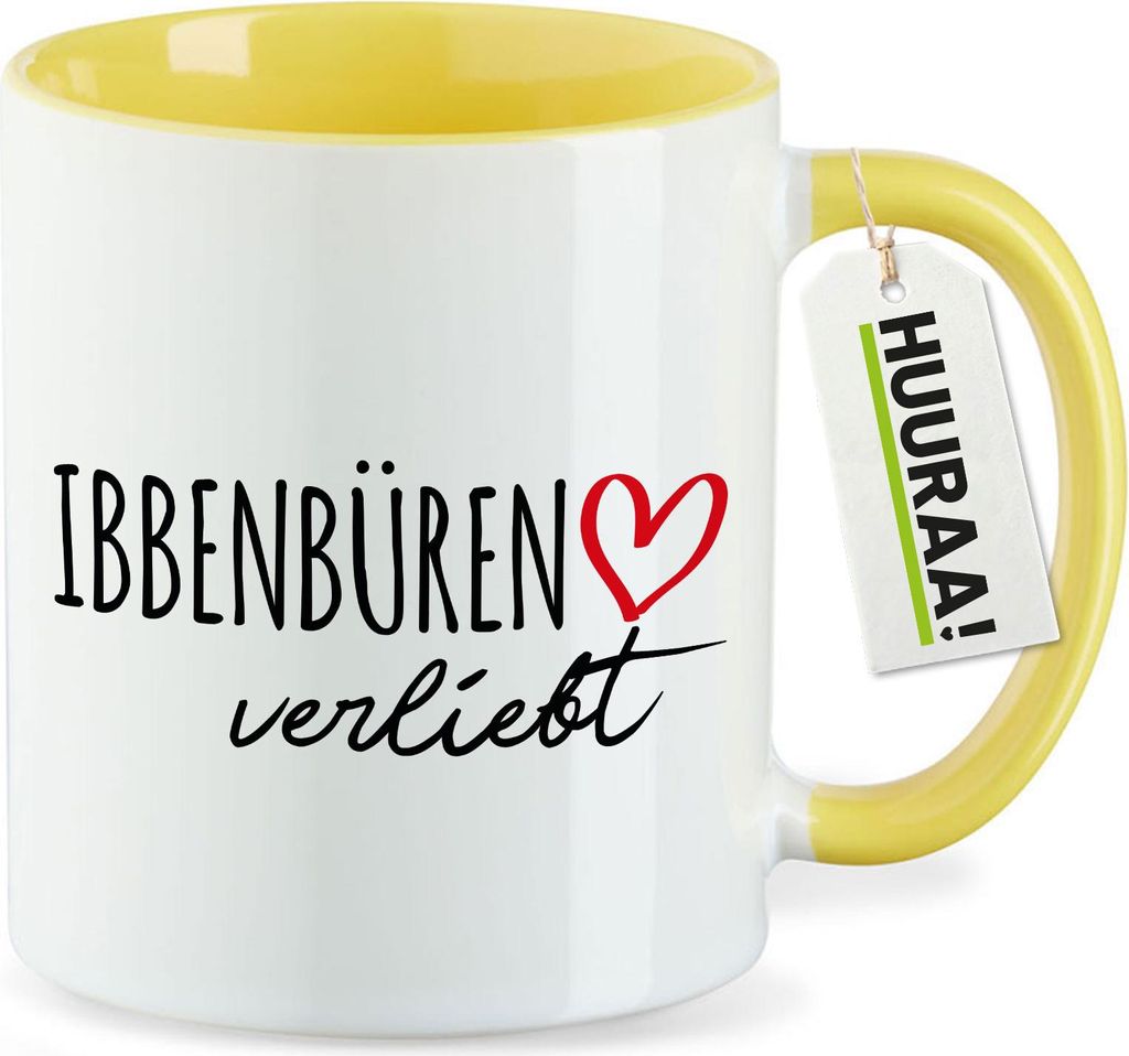 Huuraa Kaffeetasse Ibbenbüren verliebt 330ml Gelb Keramik Kaffeebecher Geschenkidee