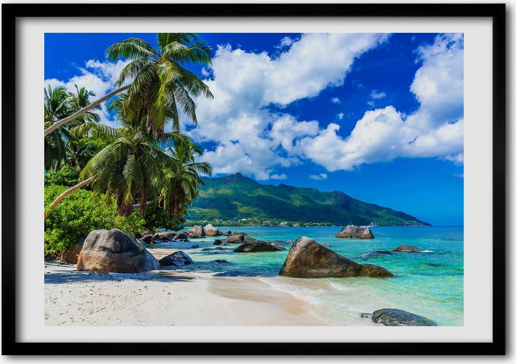 Bild - Bilder - Bilderrahmen - 70 cm x 50 cm - MDF-Rahmen, Wandkunst Seychellen-Strand
