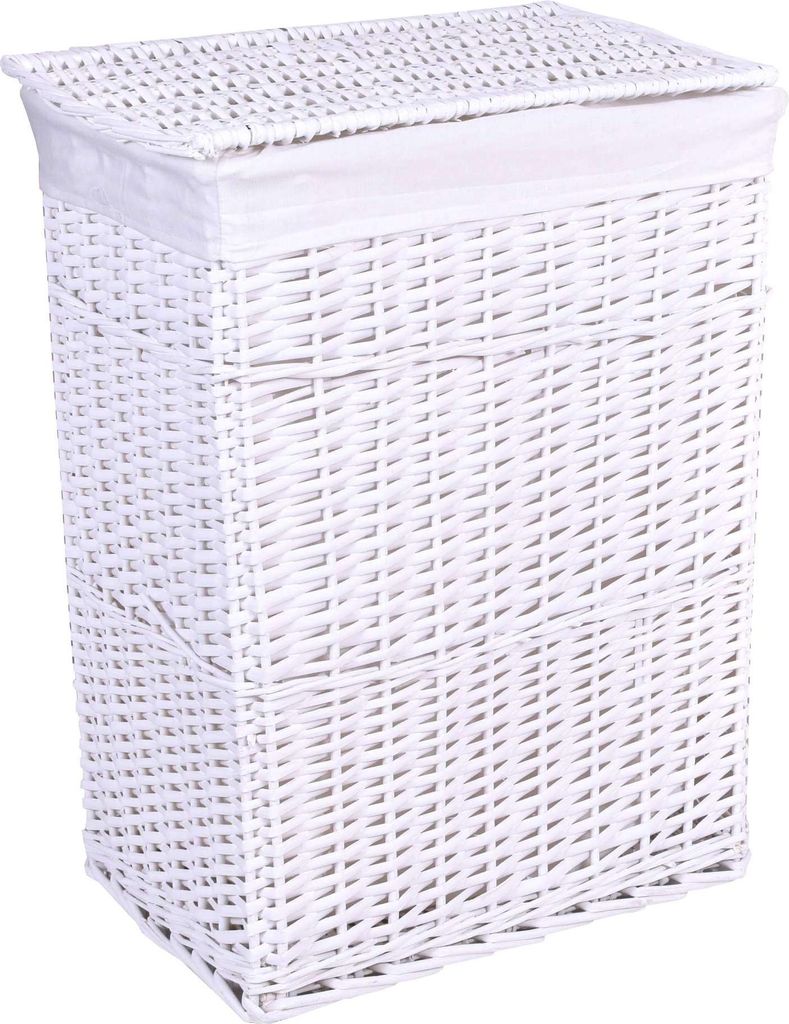 A white wicker laundry basket with a lid.