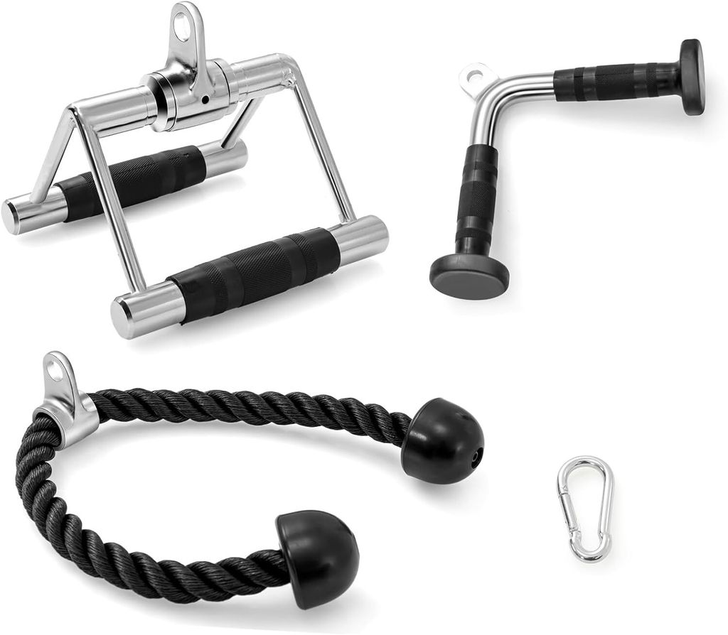 KOMFOTTEU 3 Stück Zubehör für Kabelmaschine, Griffe Fitnessstudio Multifunktionsset mit Trizepsseil, Pulley Dreieck für Fitnessstudio, V-Griff