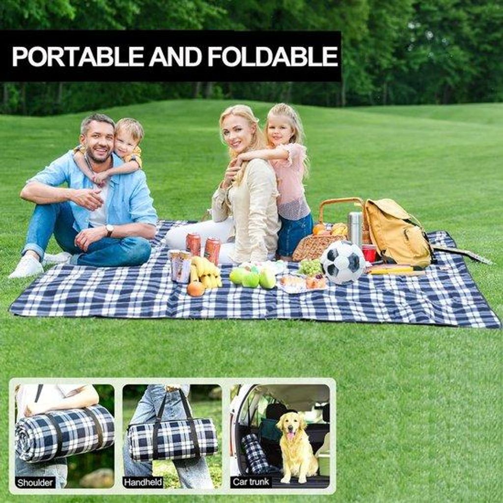 Famanu Picknickdecke 200x200 cm - Wasserabweisend, faltbar, mit Tasche und Schulterriemen (Blau und Weiß kariert)