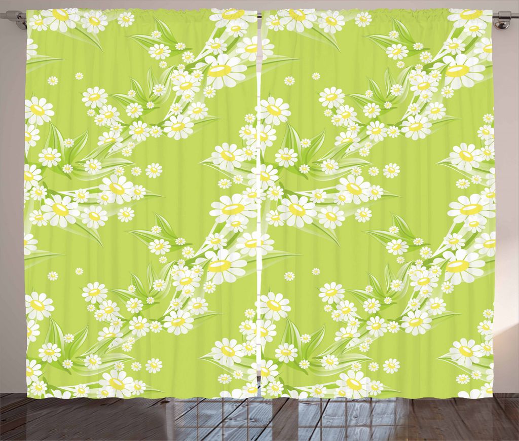 ABAKUHAUS Gänseblümchen Rustikaler Vorhang, Frisches Grün Frühling, Wohnzimmer Universalband Gardinen mit Schlaufen und Haken, 280 x 245 cm, Ge...