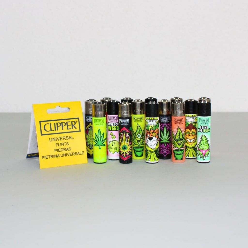 CLIPPER Wundertüte: 15 Feuerzeuge Weed Mix + 9 Feuersteine - keine doppelten Motive!