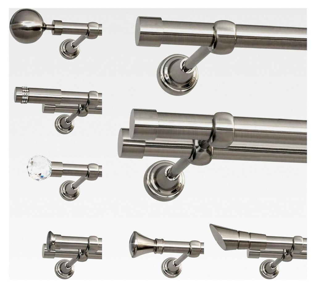 Gardinenstange 160 cm - 19 mm Durchmesser - 1-läufig - Edelstahloptik - inkl. Wandhalterungen, Endstücken und Montagematerial im Rullo Design