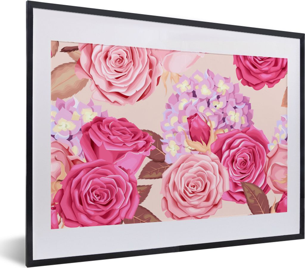 MuchoWow Gerahmtes Poster Rosen - Hortensien - Blumen - Rosa 40x30 cm - Poster mit Schwarzem Bilderrahmen Wandposter Rahmen Foto Bilder - Bilderr...