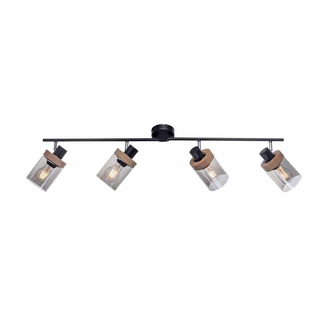 Plafonnier 4 flammes en bois véritable et verre fumé noir XXL D 114 cm