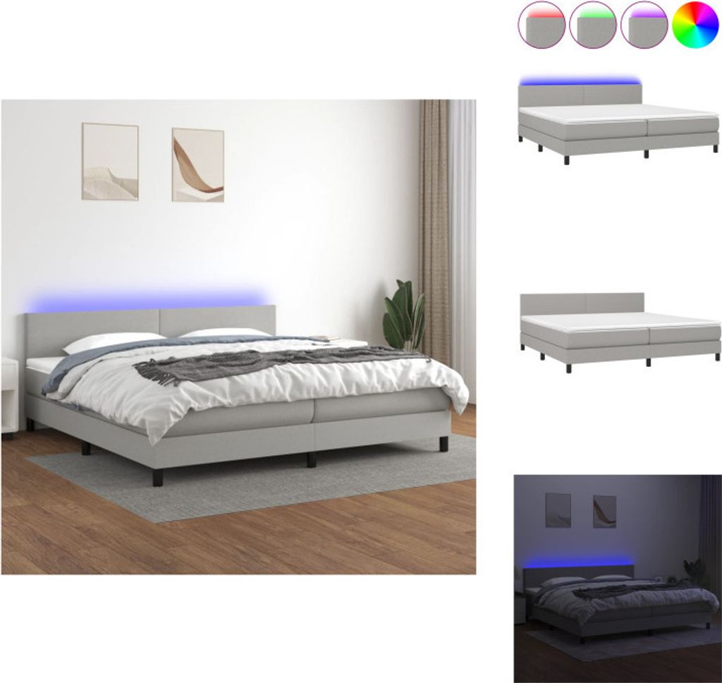 vidaXL Boxspringbett mit Matratze & LED Hellgrau 200x200 cm Stoff - Betten & Bettgestelle