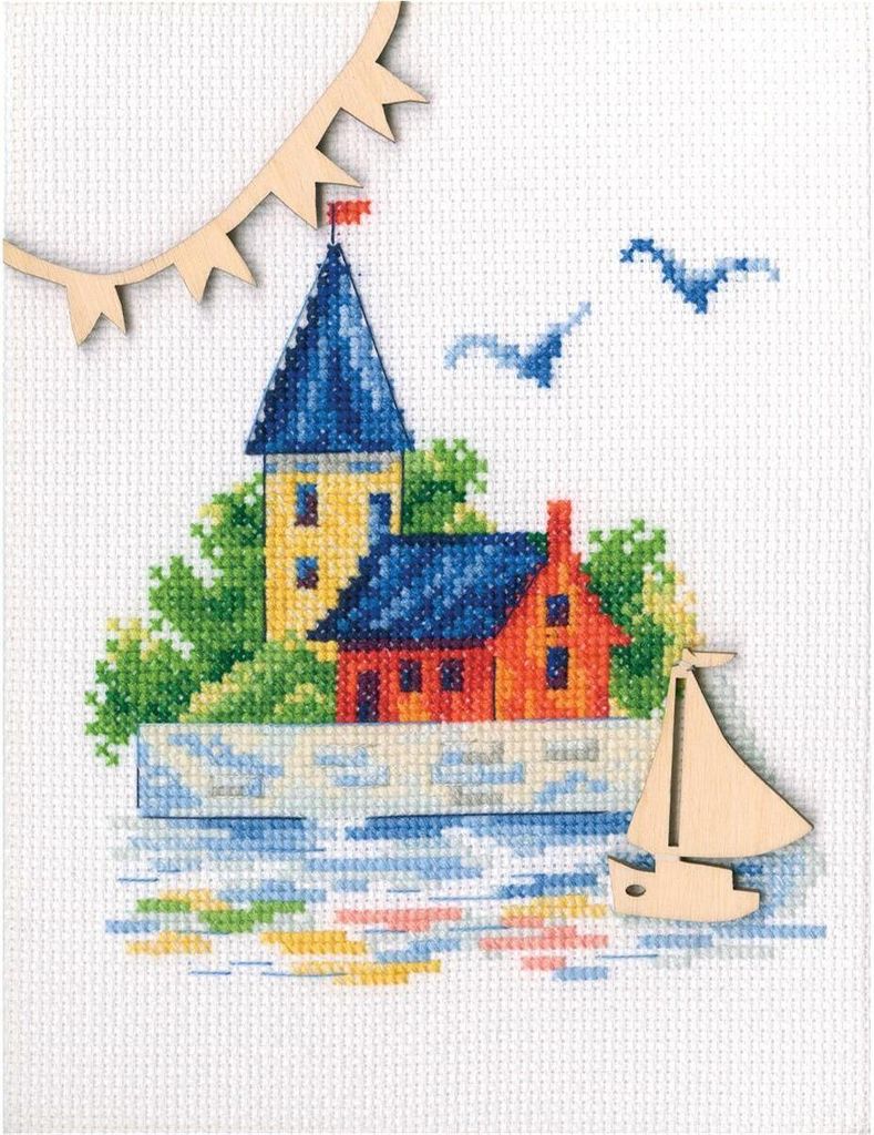 RTO Kreuzstich Set mit Holzelementen "Mein süßes zu Hause" MBE9010, Zählmuster, 13x13,5 cm