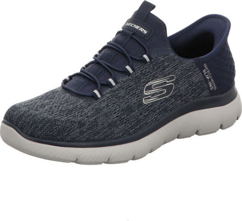 A single navy blue Skechers sneaker is shown against a white background.