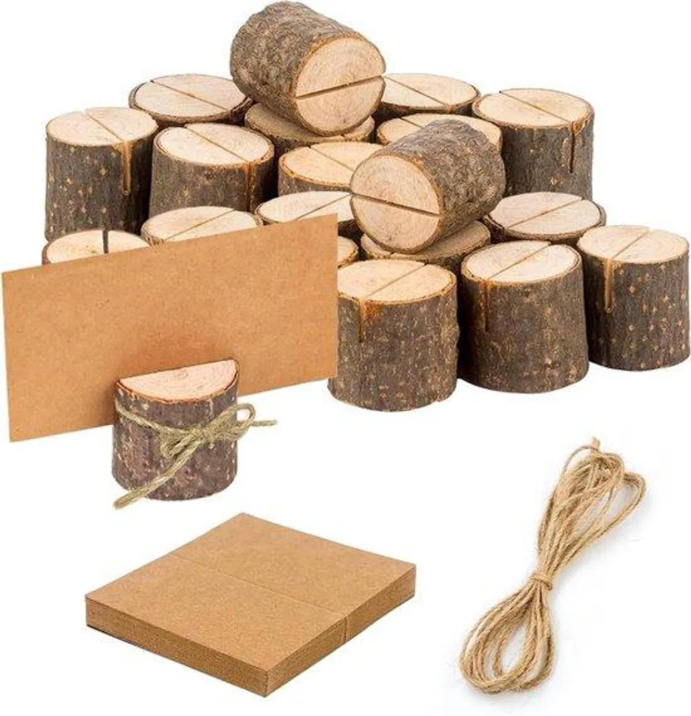 Lot de 25 cartes kraft avec support bois à suspendre, décor champêtre