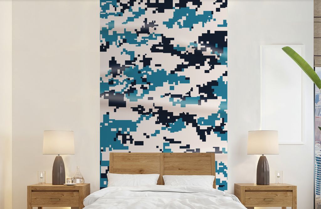 MuchoWow Fototapete für Wohnzimmer oder Schlafzimmer Wandtapete Vinyl Motivtapete Blaues und weißes Camouflage-Muster - 120x240 cm - Hintergrun...