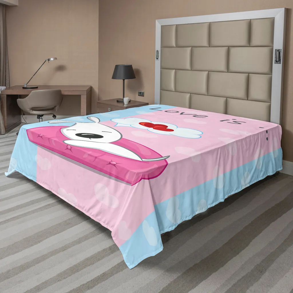 Drap de Lit Confortable Imprimé Chien et Cœur Rose Thème Valentin 1p