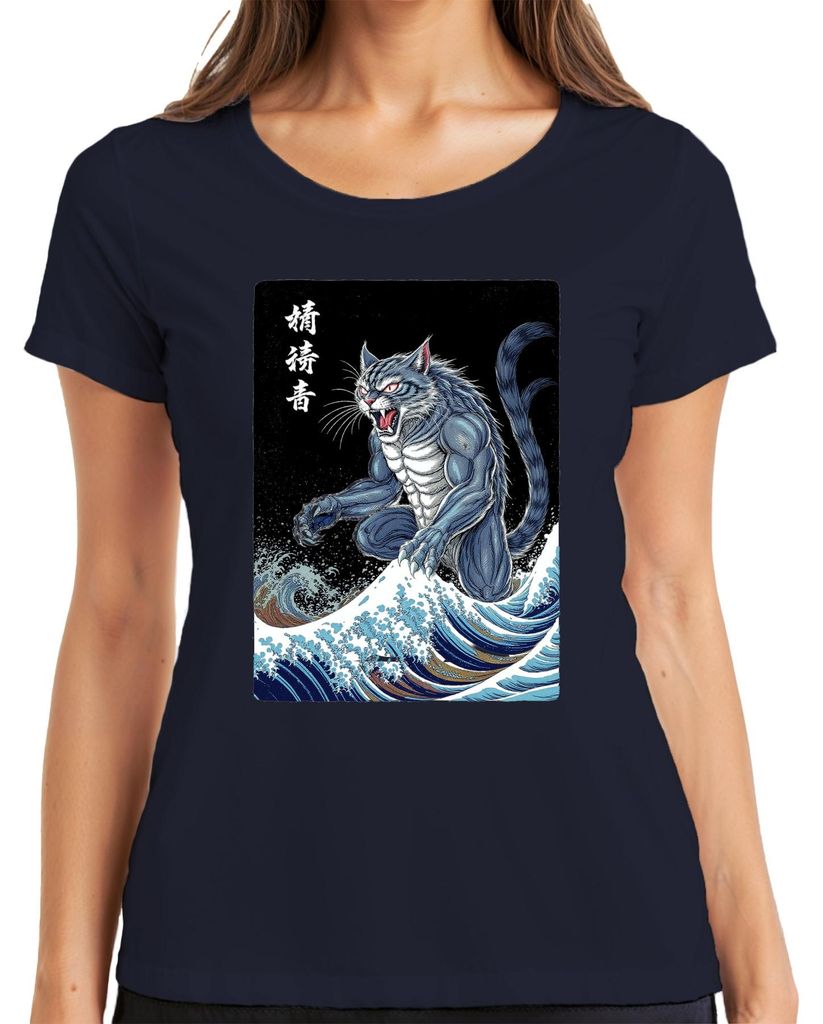 Dämonenkatze Muskelkatze Große Welle Japanisch Ukiyoe Halloween Damen T-Shirt, Navy, XL