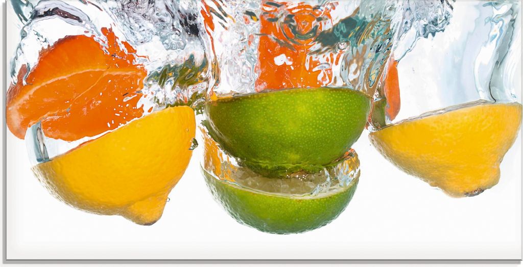 ARTland Glasbild Zitrusfrüchte fallen in klares Wasser Größe: 60x30 cm