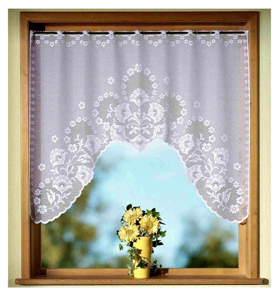 Gardinen, Vorhang, Jacquard Fensterbild in M-Bogenform, Farbe Weiß, Höhe 95cm x Breite 120cm, geeignet für Fensterbreite 90-110cm